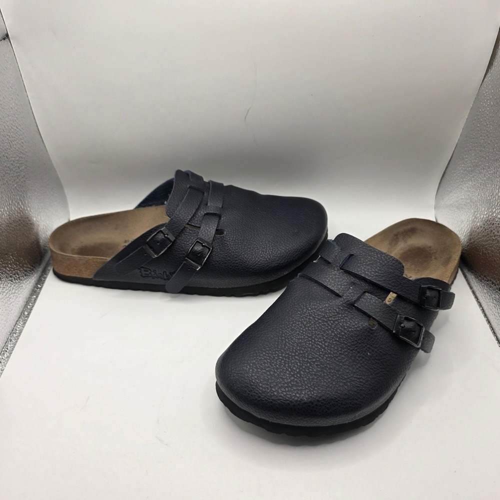 Birkis by Birkenstock Navy Blue Pebbled Double Buckle Clogs Mules Women 9 Men 7